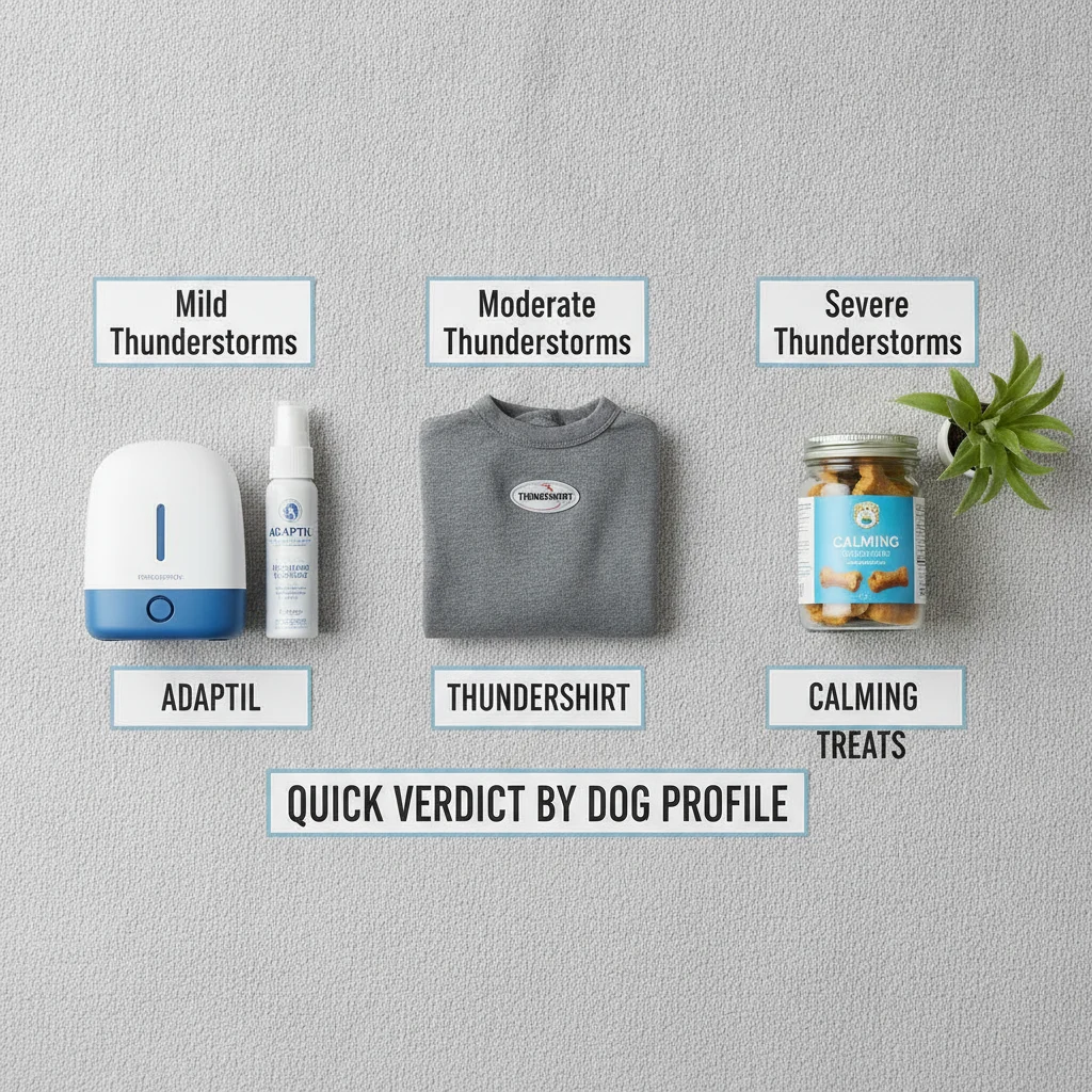 Comparison table Adaptil vs ThunderShirt vs calming treats for thunderstorm severity levels