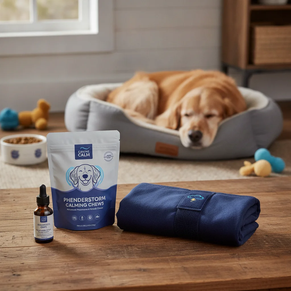 Photo-style layout of thunderstorm calming kit wrap pheromone chew for dogs