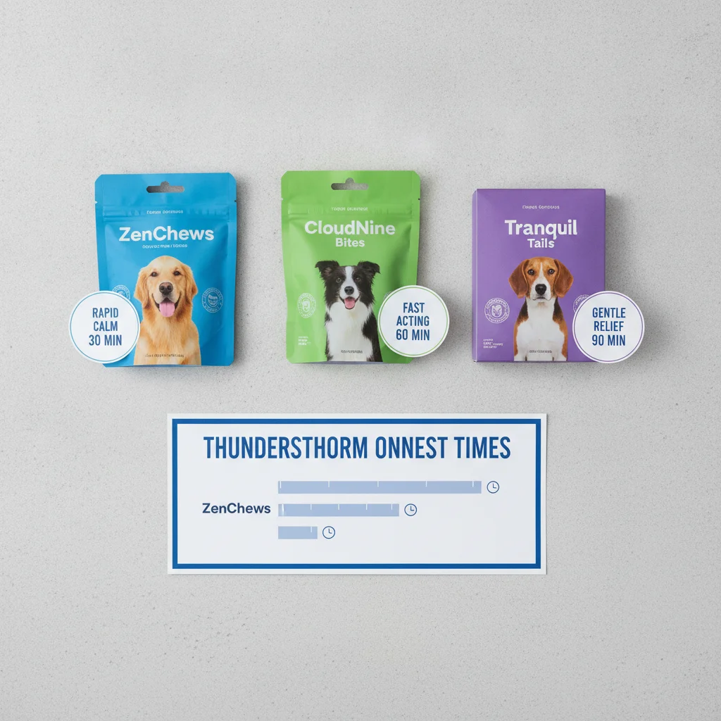 Comparison table of dog calming treat onset times for thunderstorm dosing