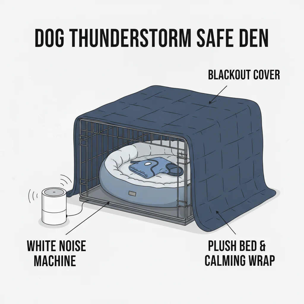 Diagram of a dog thunderstorm safe den with white noise blackout and wrap placement