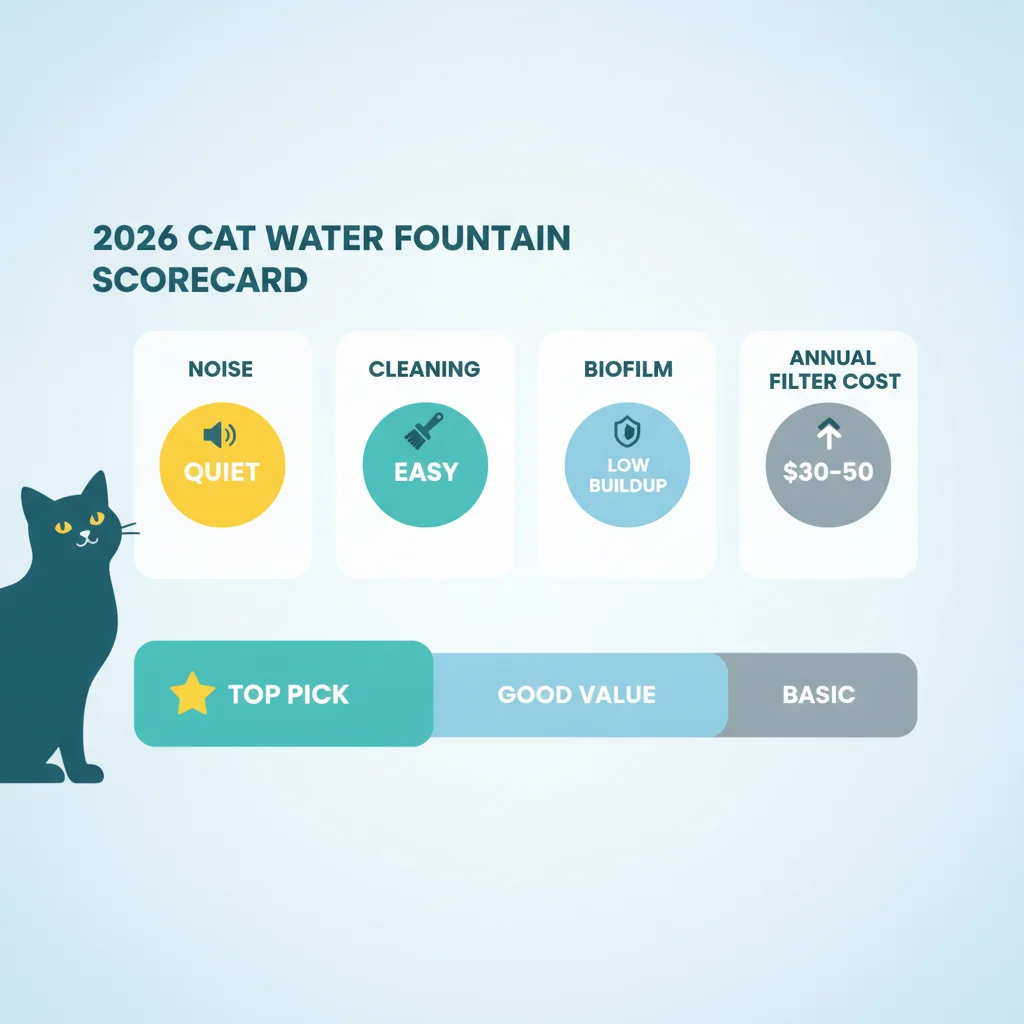 2026 cat water fountain scorecard comparing noise cleaning biofilm and annual filter cost