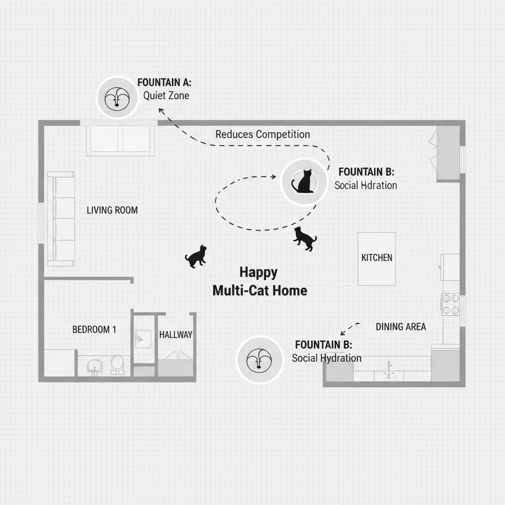Apartment floor-plan diagram showing two cat fountain placements to reduce multi-cat competition