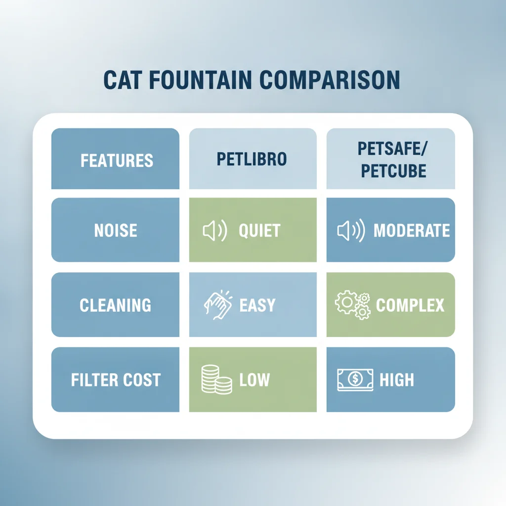 Comparison matrix of Petlibro PetSafe and Petcube cat fountains on noise cleaning and filter cost