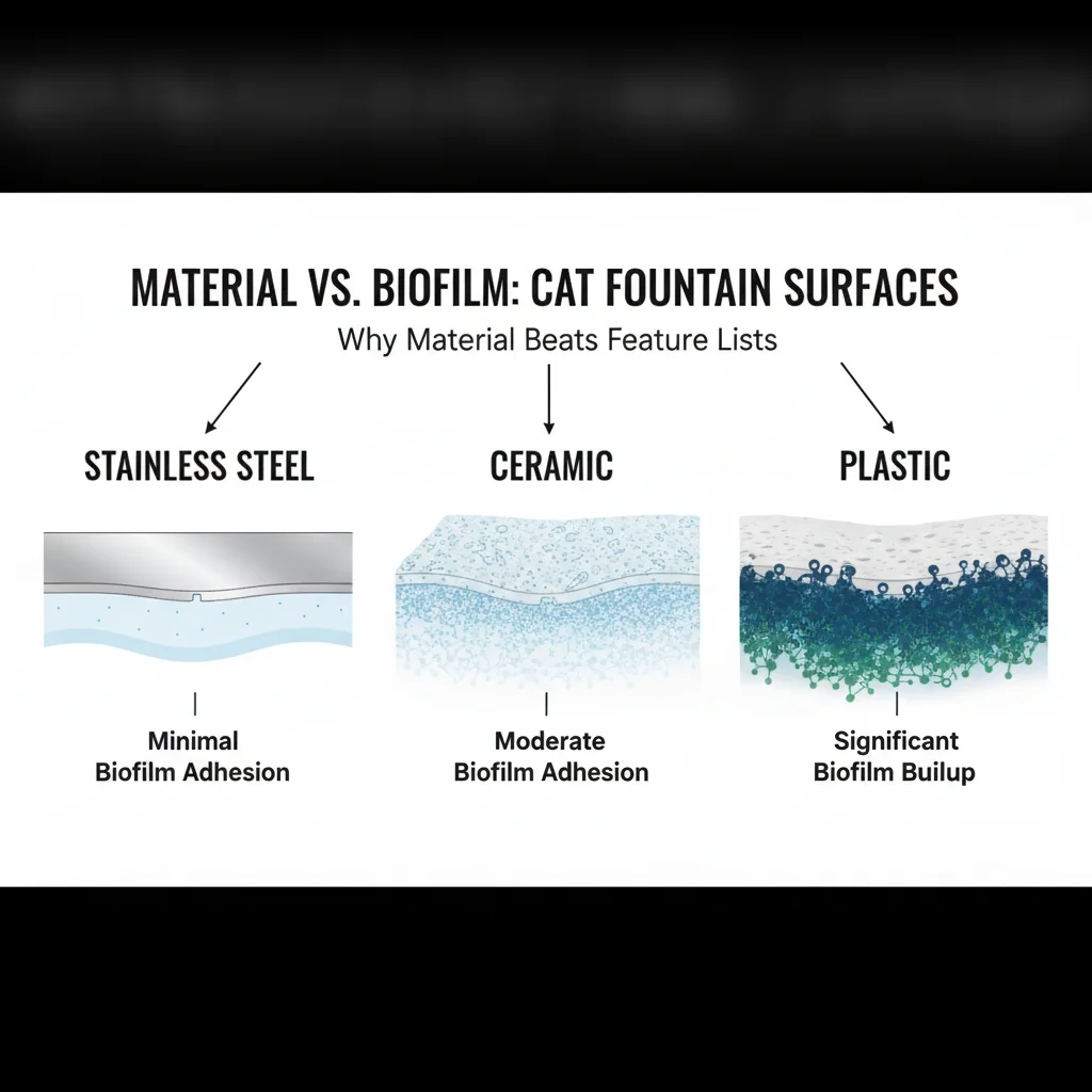 Diagram comparing biofilm buildup on stainless ceramic and plastic cat fountain surfaces