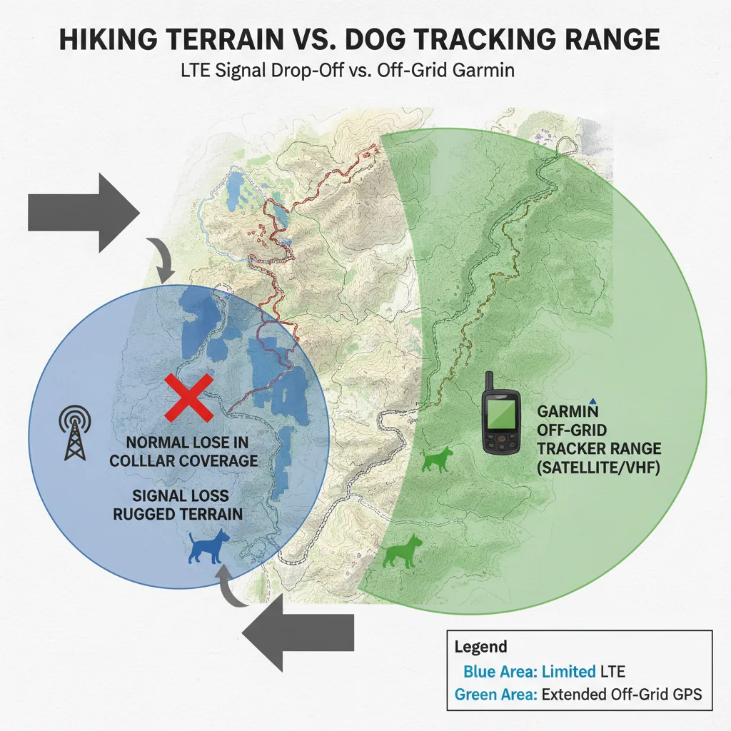 Trail map diagram showing LTE coverage drop-off versus off-grid Garmin dog tracking range