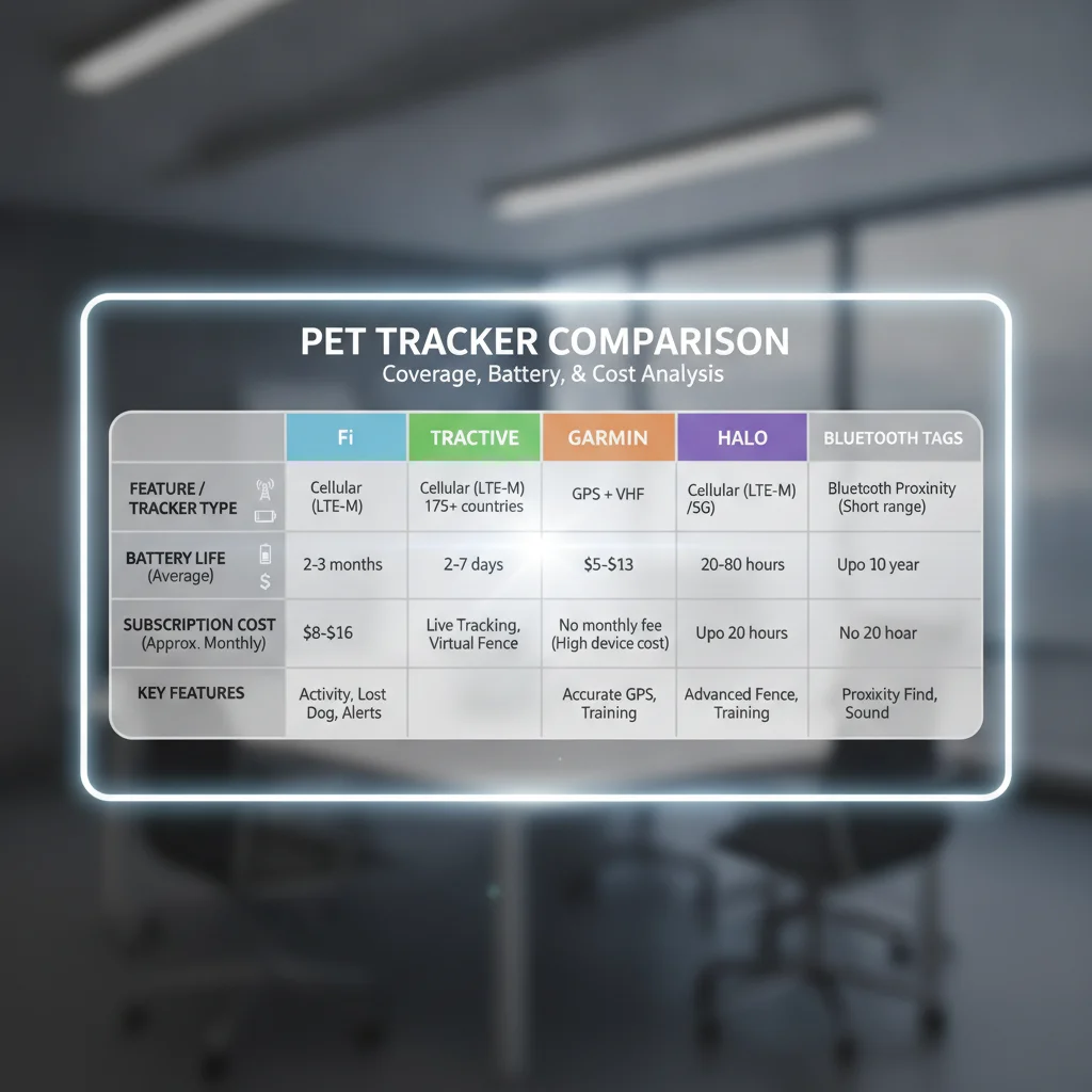 Scorecard comparing Fi Tractive Garmin Halo and Bluetooth tags on coverage battery and subscription cost