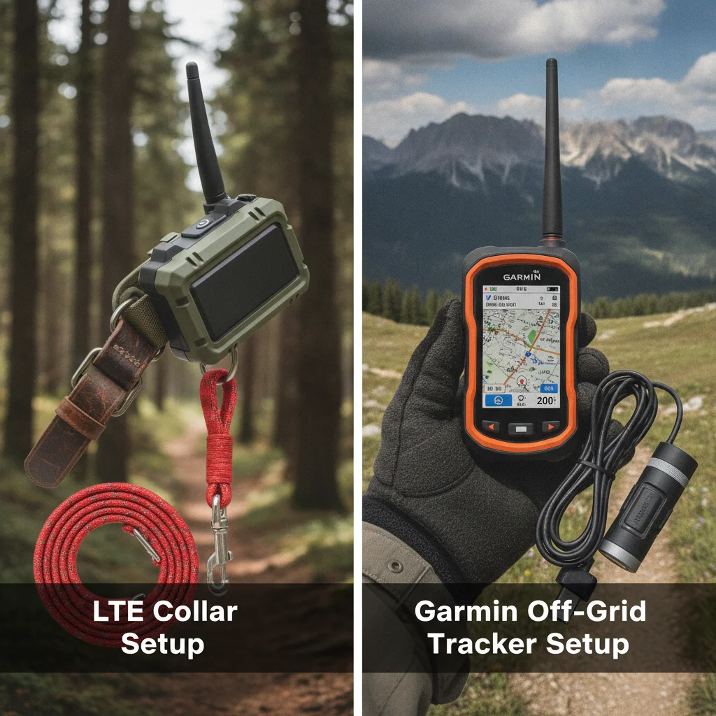 Side-by-side photo of LTE collar and Garmin off-grid handheld tracker setup for hiking dogs