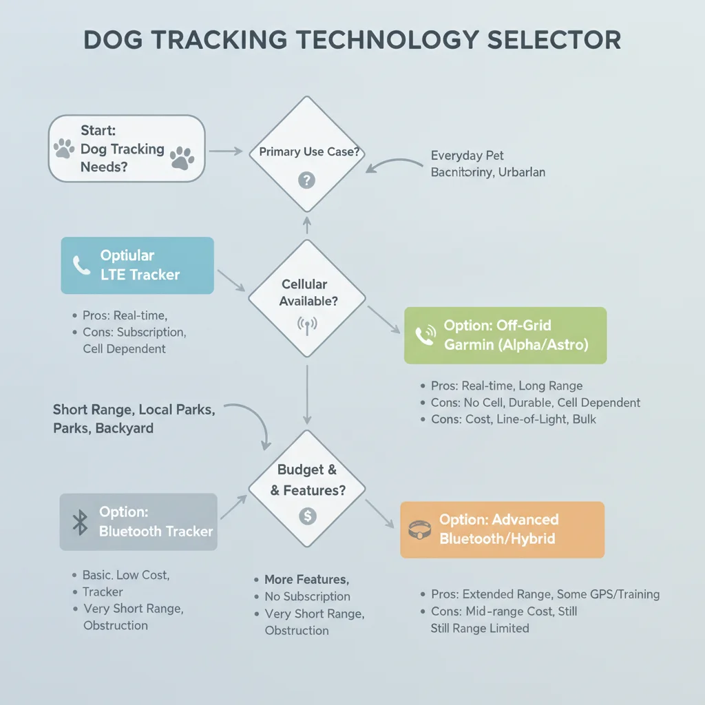 Decision-tree diagram choosing cellular LTE off-grid Garmin or Bluetooth dog tracking tech