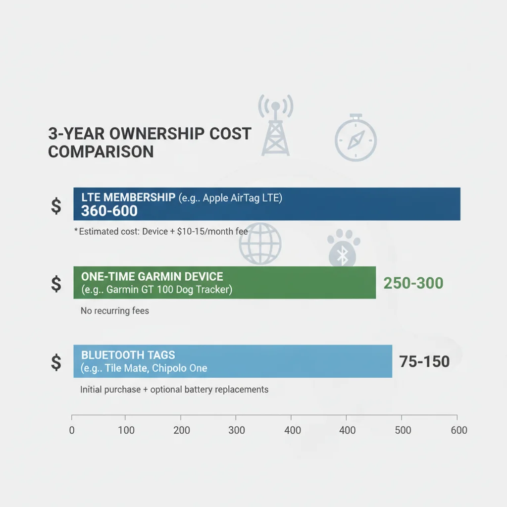 Infographic comparing 3-year ownership cost of LTE membership vs one-time Garmin vs Bluetooth tags