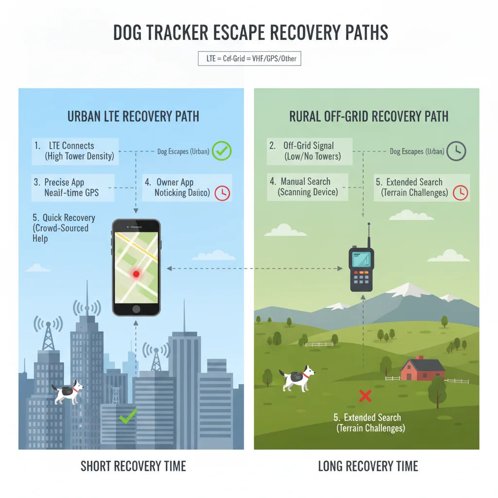 Diagram of urban vs rural escape recovery paths for LTE and off-grid dog trackers