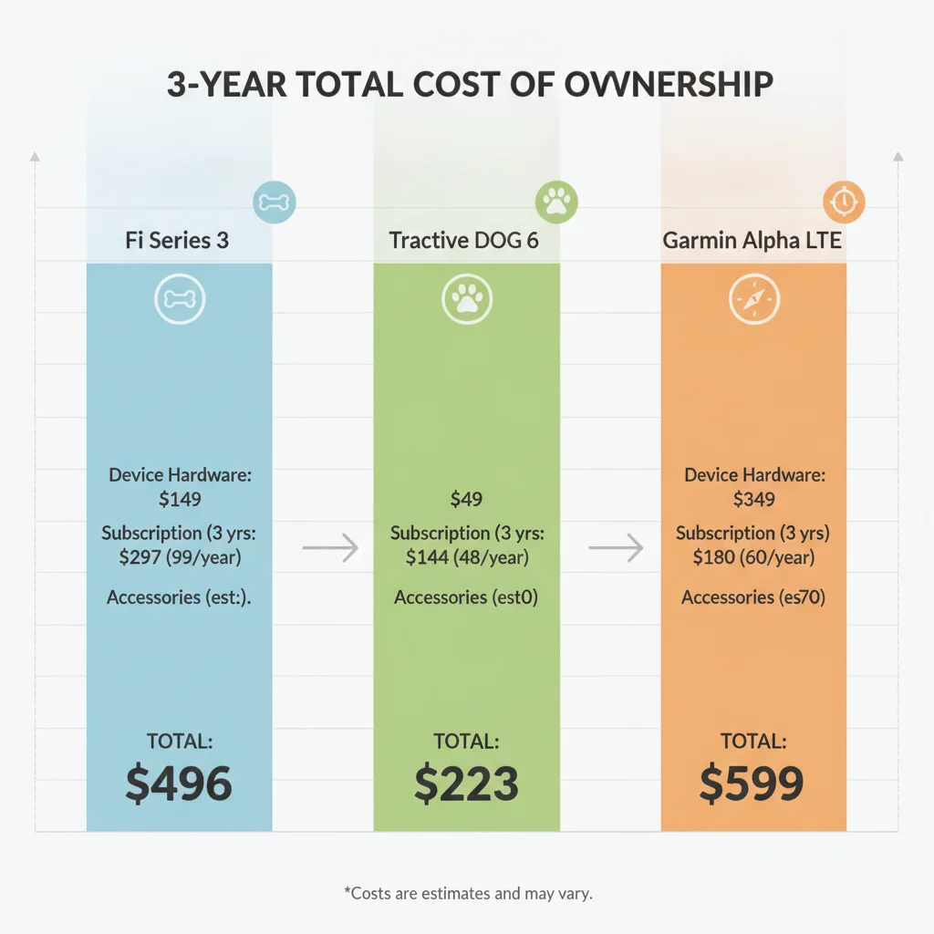 Infographic showing 3-year total cost of ownership for Fi Series 3 Tractive DOG 6 and Garmin Alpha LTE