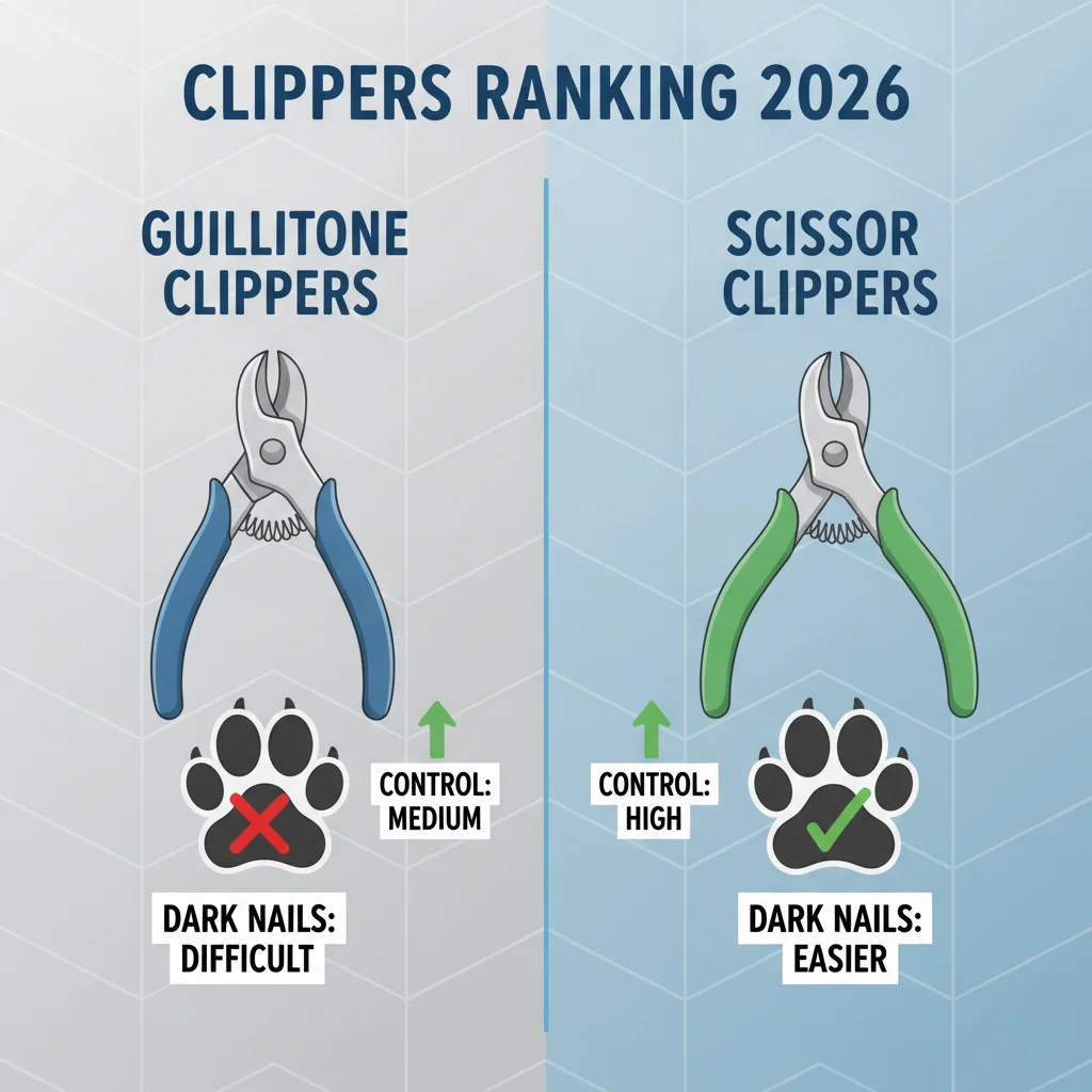 Infographic comparing guillotine and scissor dog nail clippers on safety control and dark-nail use