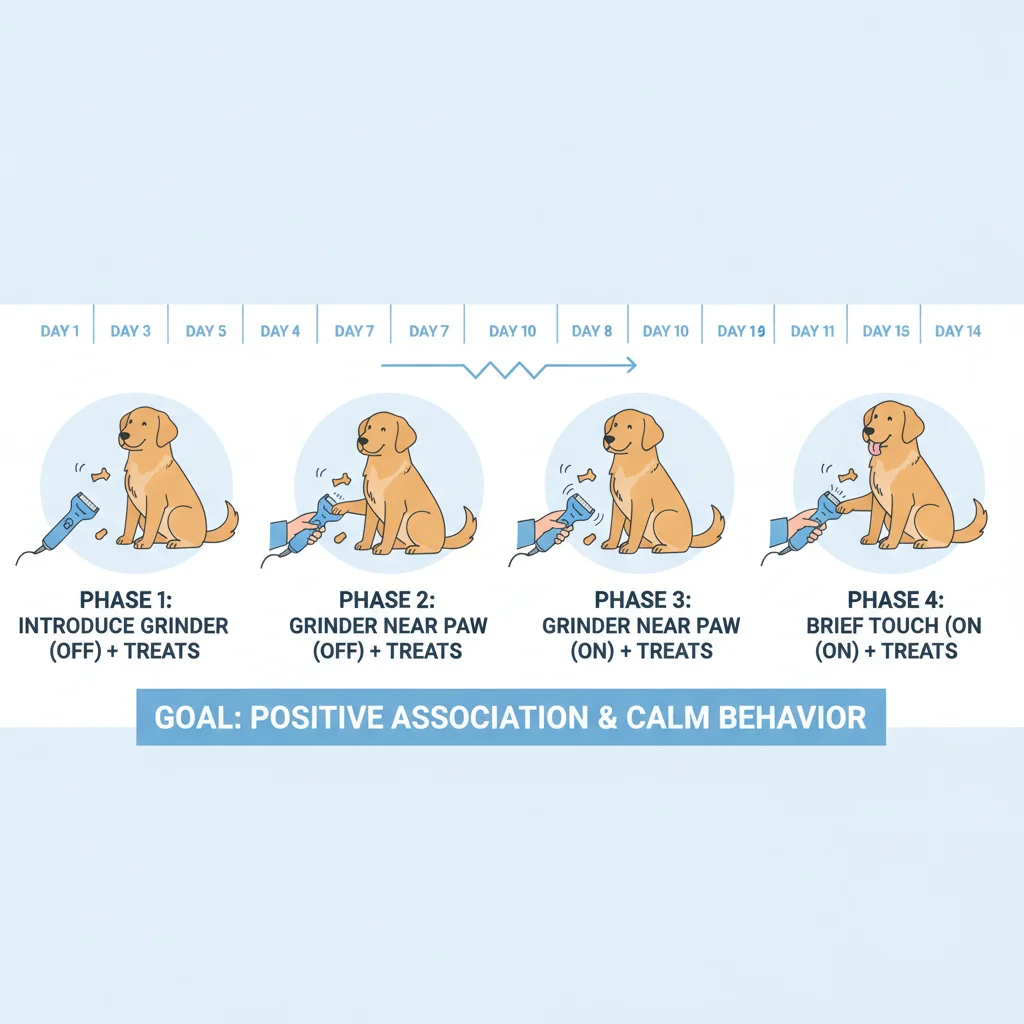 Two-week timeline diagram for desensitizing a dog to a nail grinder with treat rewards