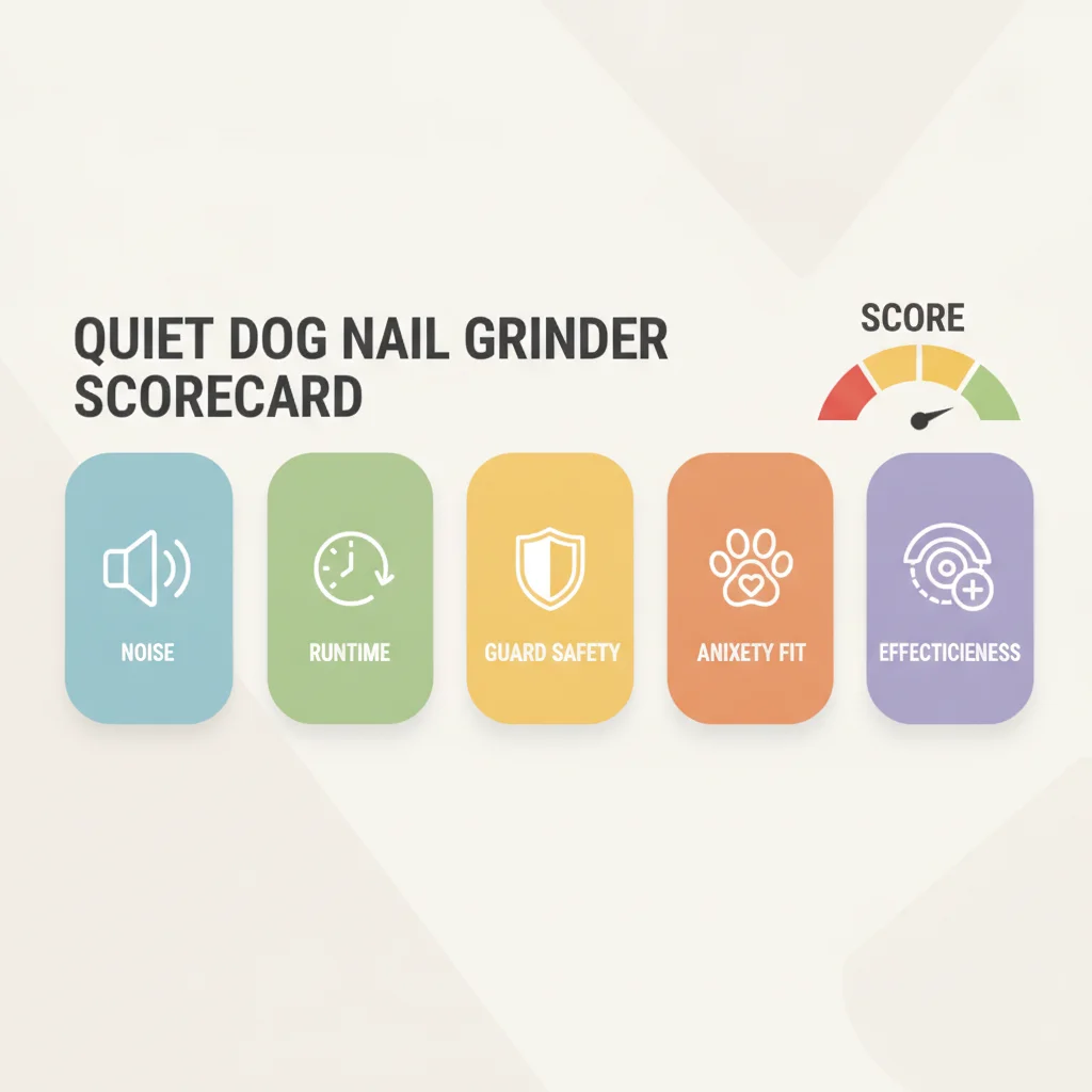 Infographic scorecard for quietest dog nail grinders by noise runtime guard safety and anxiety fit