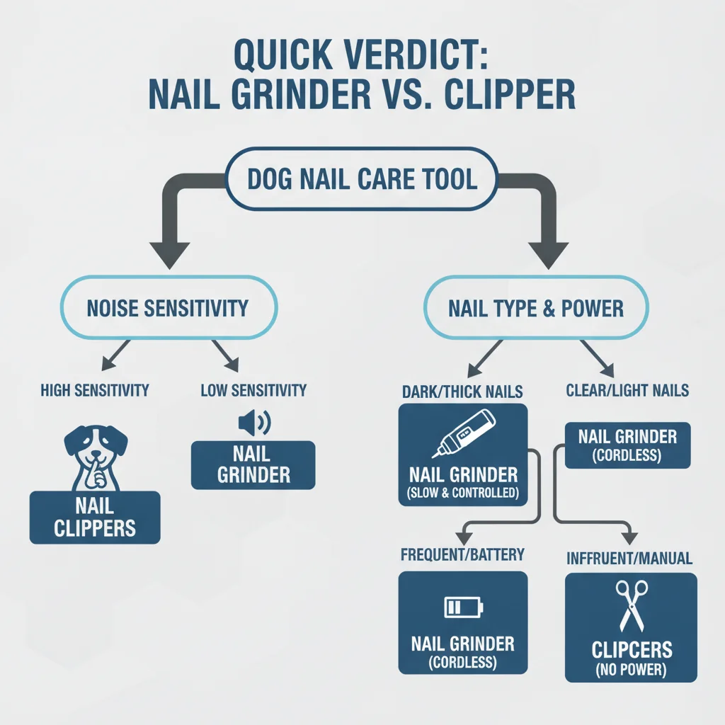 Decision tree comparing dog nail grinder vs clipper by noise sensitivity dark nails and battery needs