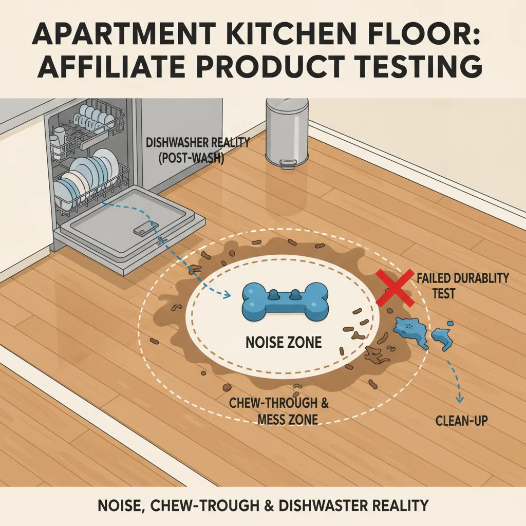Apartment kitchen floor diagram showing puzzle feeder noise and mess zones on hardwood