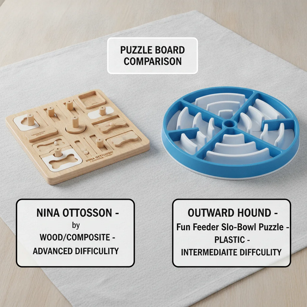 nina ottosson vs outward hound puzzle boards side by side labeled by difficulty and material