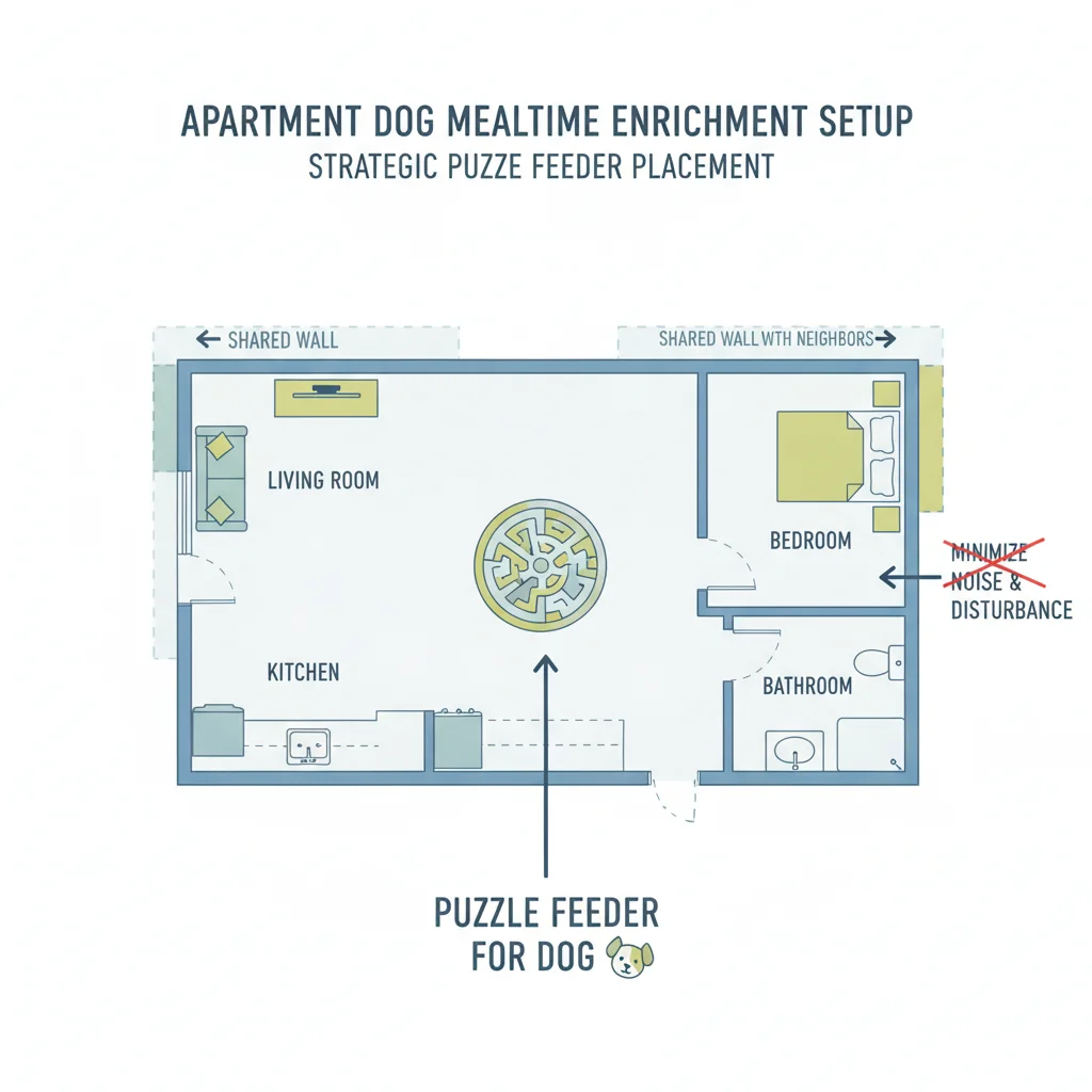 Small apartment layout showing puzzle feeder placement away from shared walls