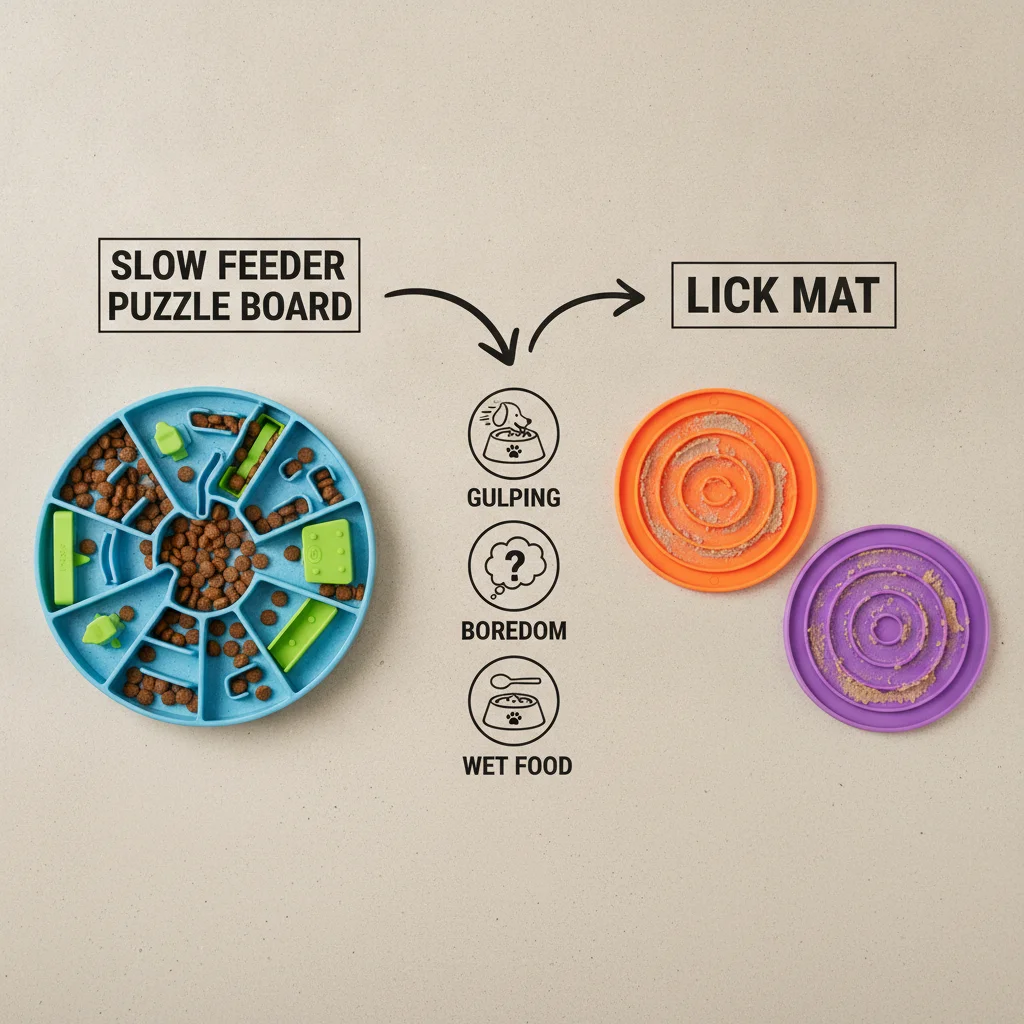 Comparison table diagram of slow feeder puzzle board and lick mat with use-case icons for gulping boredom and wet food