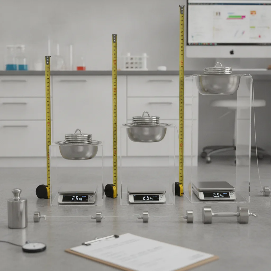 Test setup showing elevated dog bowls at three heights with measuring tape and tip-test weights