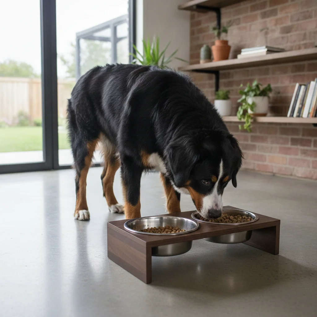 Large breed dog eating from a wide-base elevated feeder at correct withers height