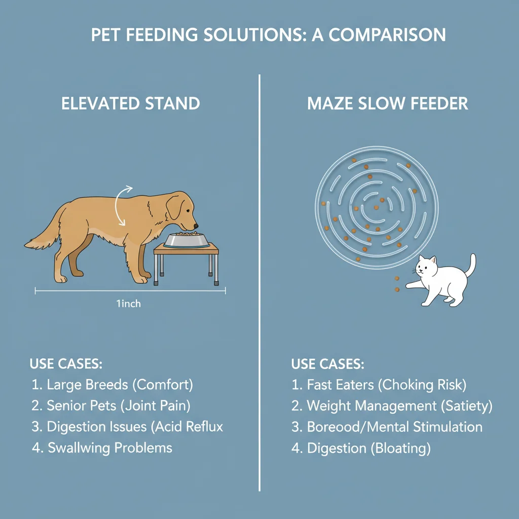 Side-by-side diagram of elevated stand versus maze slow feeder with labeled use cases