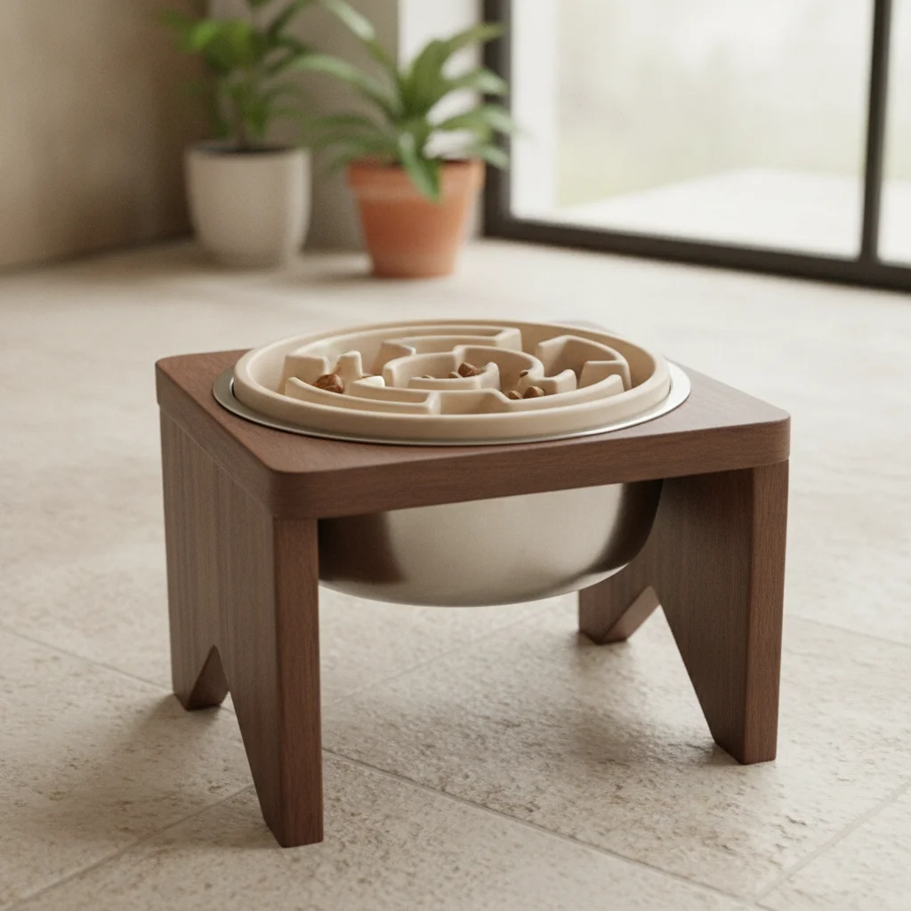 Elevated slow-feeder bowl insert showing maze pattern mounted on a raised stand
