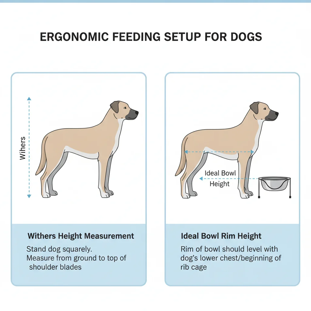 Diagram showing withers measurement and ideal bowl rim height relative to dog chest