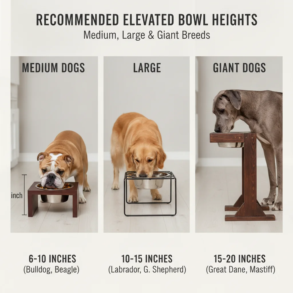 Comparison chart of recommended elevated bowl heights for medium large and giant dogs