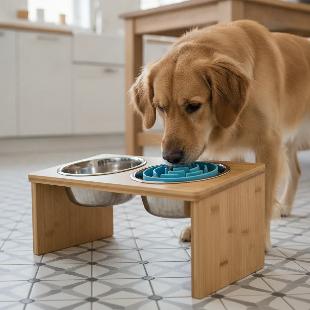 Elevated slow feeder assembled on tile with dog approaching maze bowl