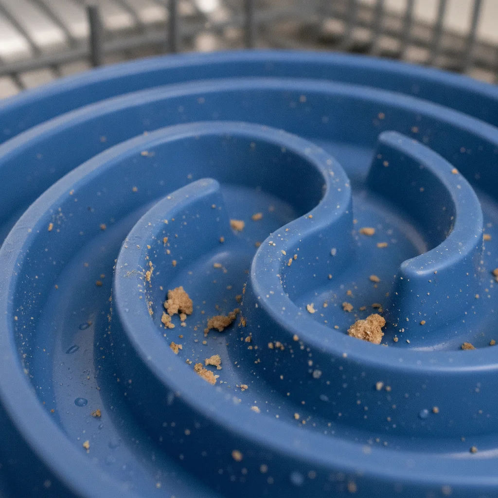 Close-up of slow-feeder maze grooves showing residue after several dishwasher cycles