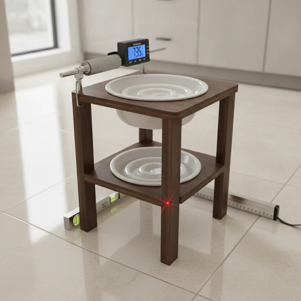 Tip-test of elevated slow feeder stand on tile with measured lean pressure