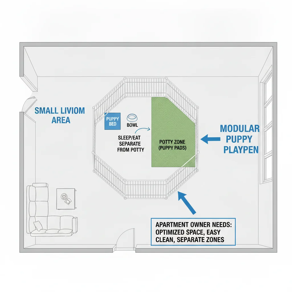 Apartment floor plan diagram showing puppy playpen layout with potty zone bed and water in a small living room