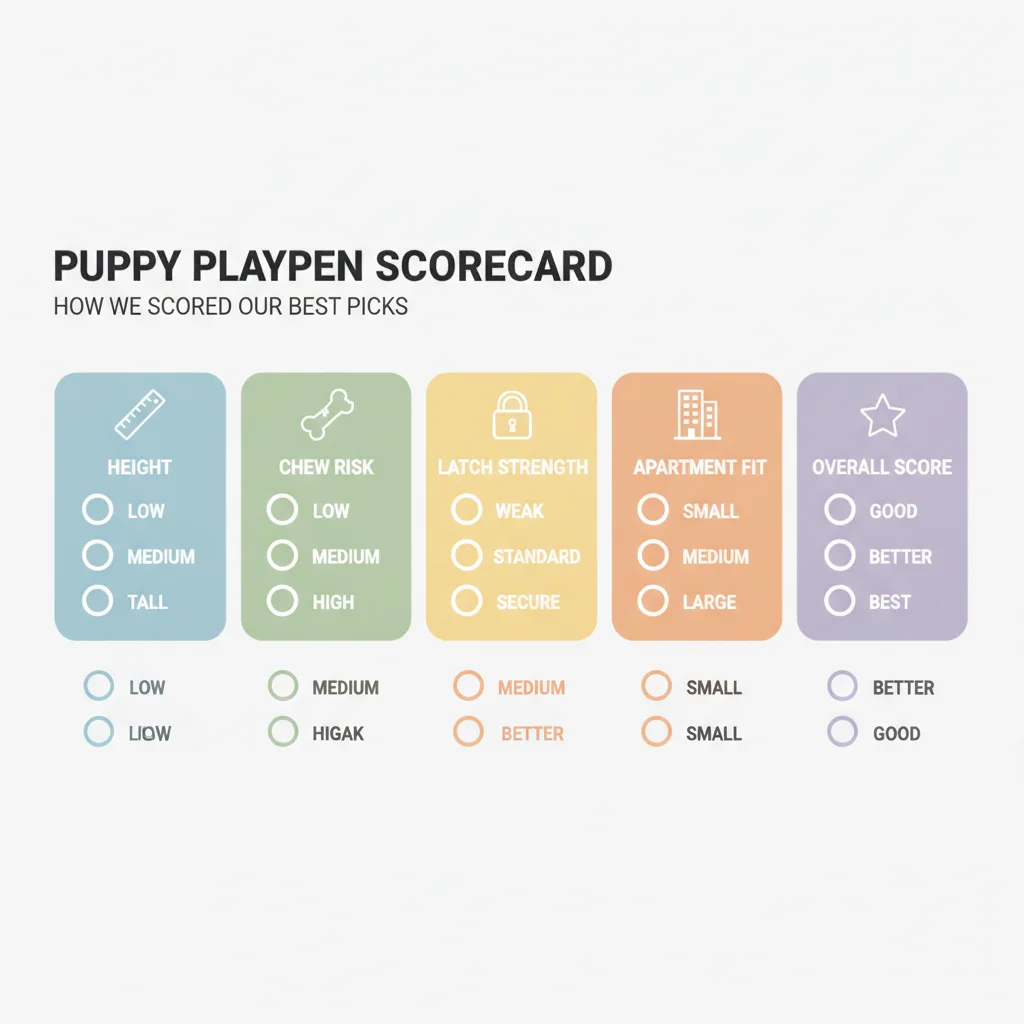 Infographic scorecard for best puppy playpen picks by height chew risk latch strength and apartment fit