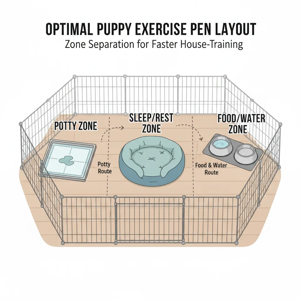 Diagram of exercise pen house-training layout with potty zone bed and water separated