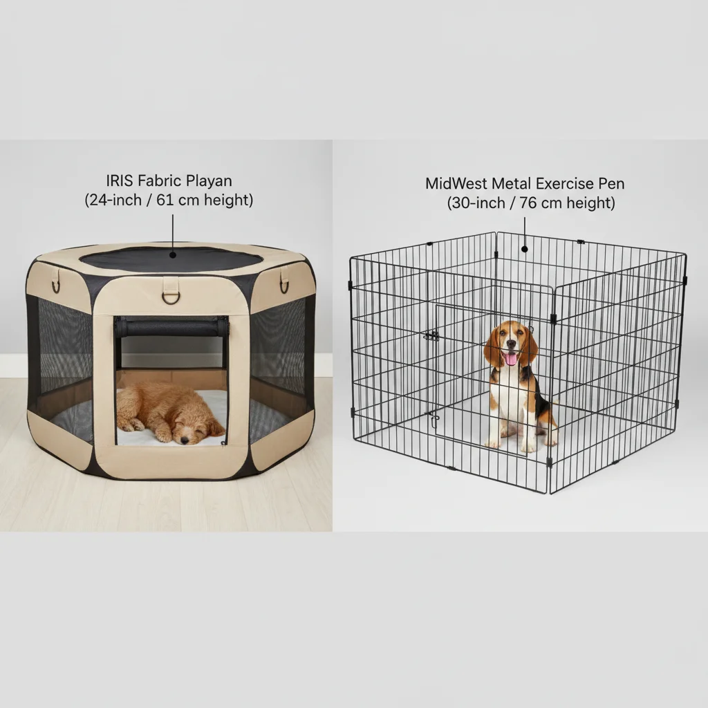 Side-by-side IRIS fabric playpen and MidWest metal exercise pen with panel height labels