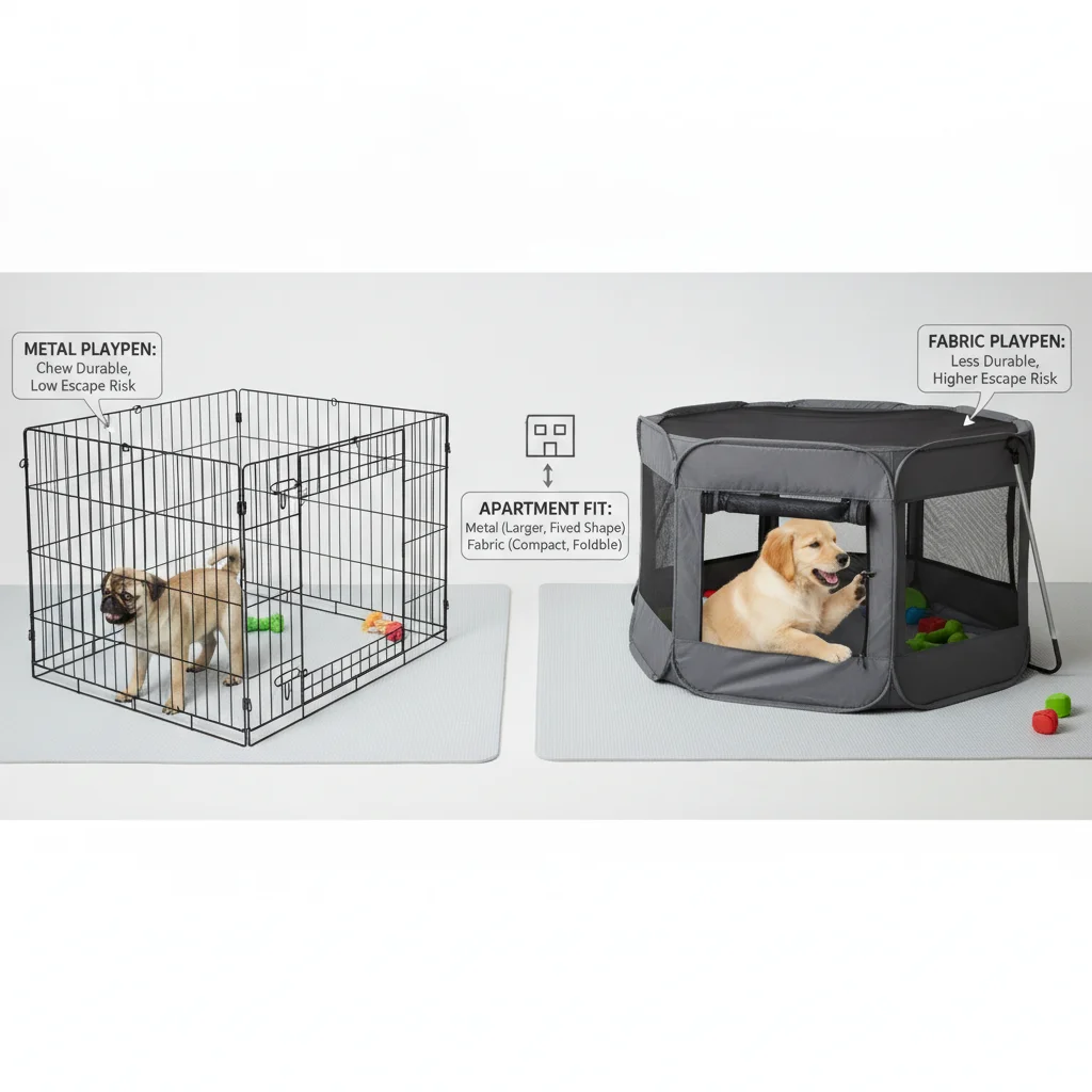 Comparison table of metal vs fabric puppy playpens for chew durability escape risk and apartment fit