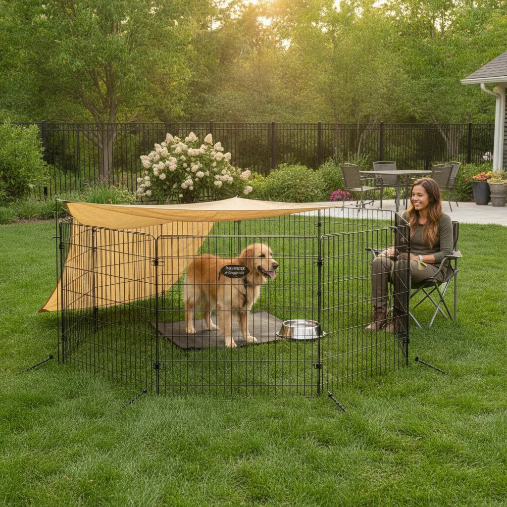 Outdoor dog exercise pen staked on grass with shade cloth and water bowl in supervised yard setup