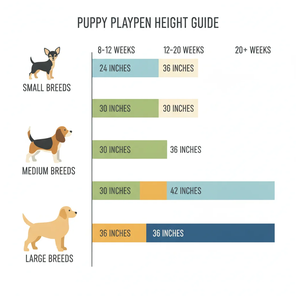 Infographic chart of recommended puppy playpen heights by breed size and age growth