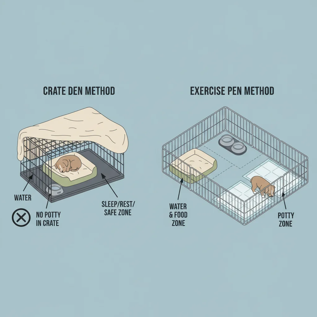 Diagram comparing puppy crate den vs exercise pen potty bed water layout for house-training
