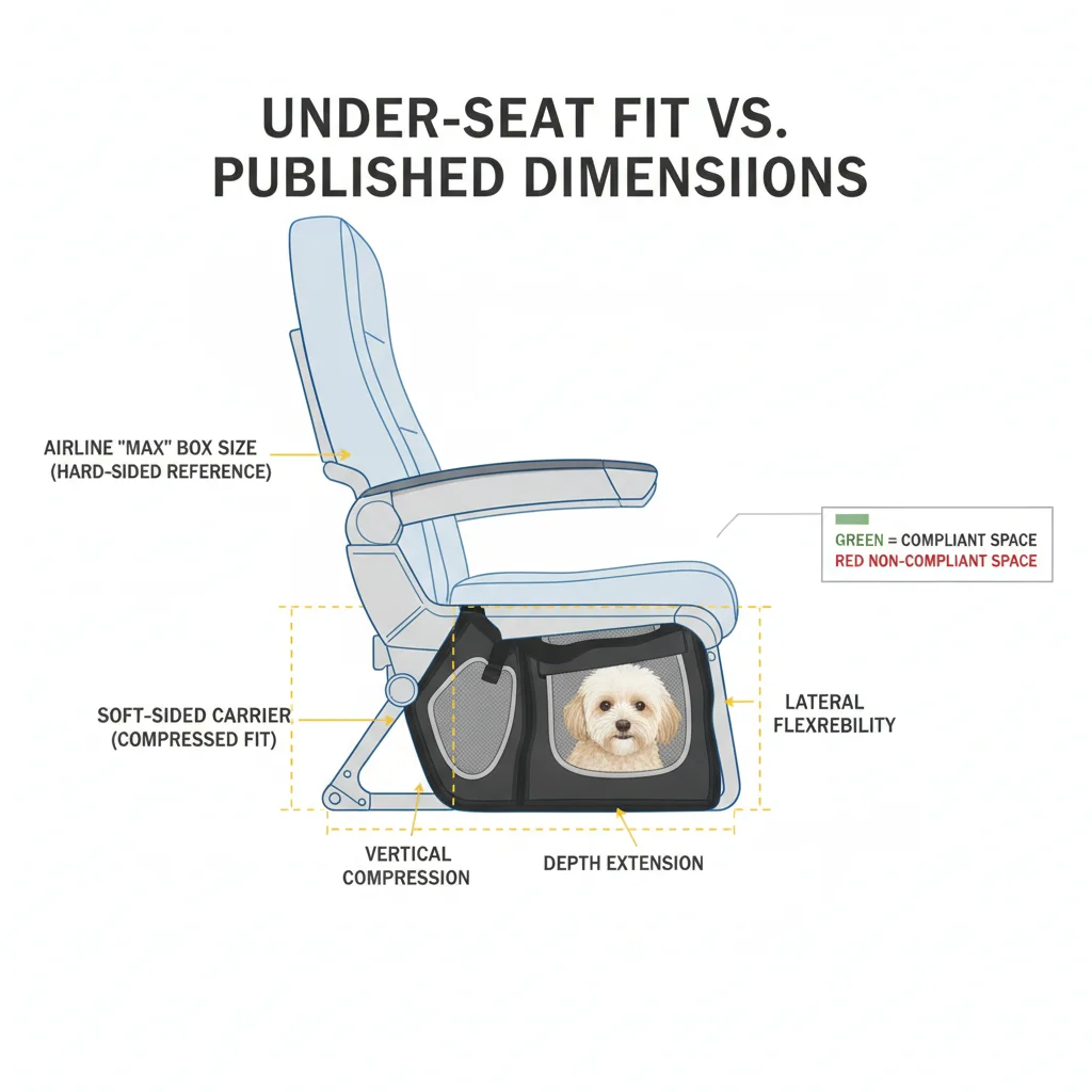 Diagram of a soft-sided airline approved pet carrier measured under an airplane seat with pet inside