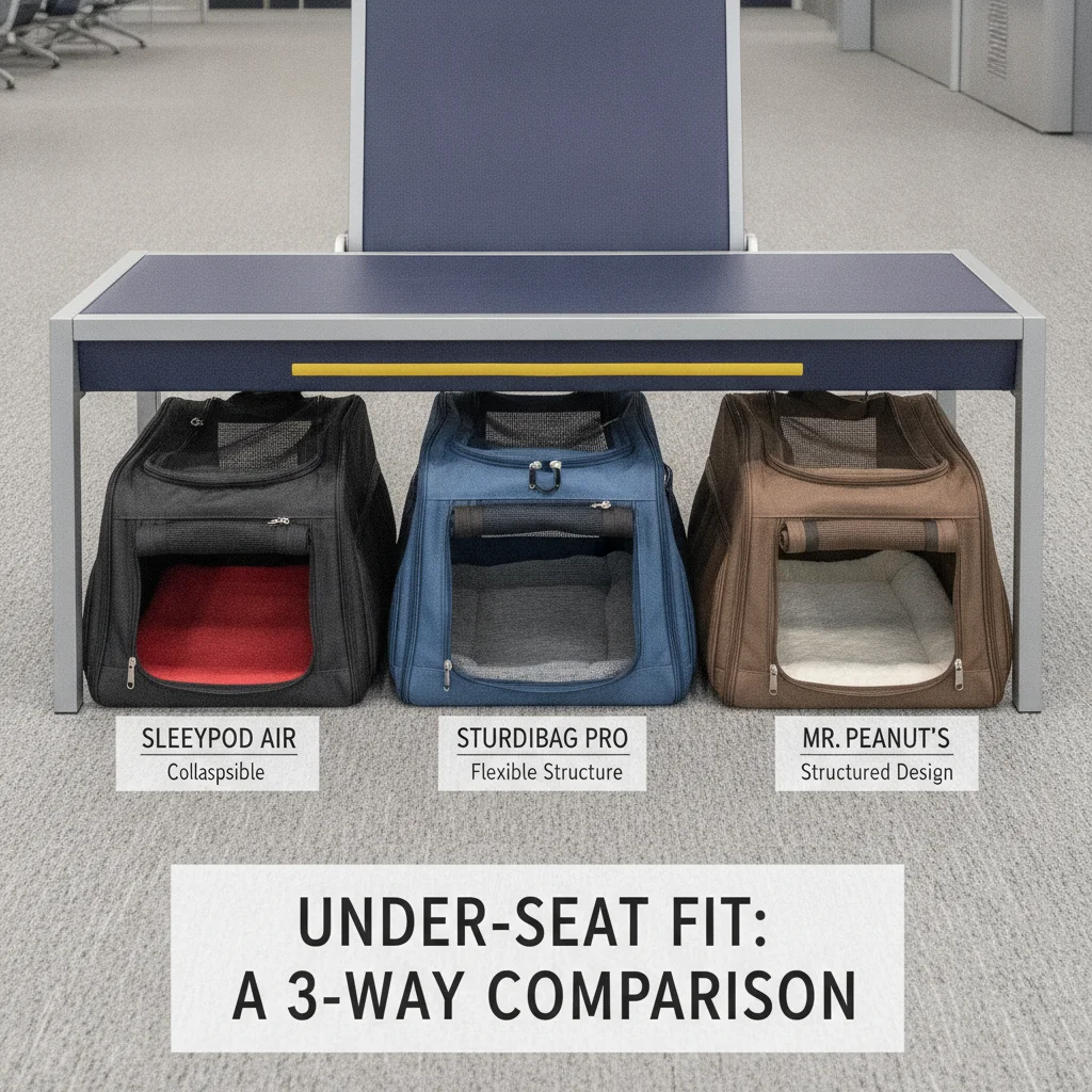 Comparison of Sleepypod Air, SturdiBag Pro, and Mr. Peanut's soft carriers under an airplane seat