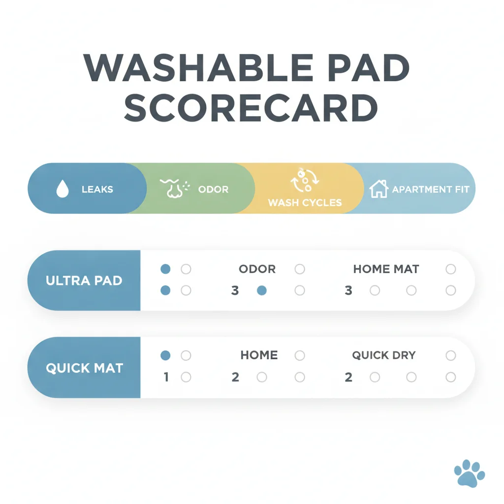 Scorecard comparing washable dog pee pads on leak odor wash durability and apartment fit