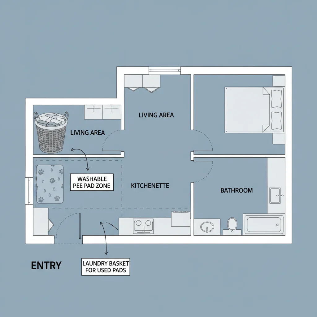 Small apartment floor plan showing washable pee pad zone near entry with laundry basket nearby