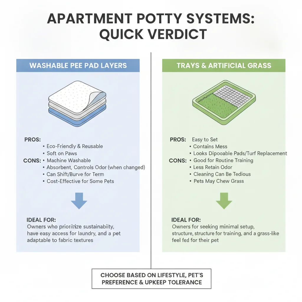 Decision diagram comparing layer washable pee pads versus tray potty systems for apartments
